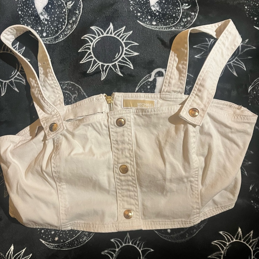Michael Kors Cream Button-Up Crop Top XL Gold Buttons Zip Up